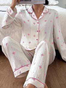 SHEIN Bow Print Lapel Long Sleeve Top & Pants Pajama Set, Fall Winter Clothes - Pink - View 4