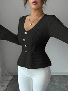 Elenzga Fashionable V-Neck Flare Sleeve Long Sleeve Women Sweater