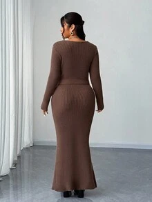 Elenzga Jersey de punto de manga larga con ajuste ceñido y acanalado, talla grande, para otoño/invierno - Marrón - Ver 3