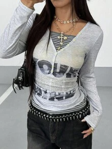 StreetHx Women's Gray Printed Patchwork Striped Long Sleeve T-Shirt - Grey - View 1