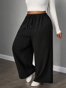 SHEIN PETITE CURVE Plus Size Women's Simple Front Tie Loose Sweatpants, Casual Daily Wear Fall Winter - Black - View 5