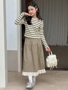 Dazy Kids 2 件套青少年女孩圆领针织印花 T 恤 + 裙子套装，秋季服装 - 綠色 - 查看 2