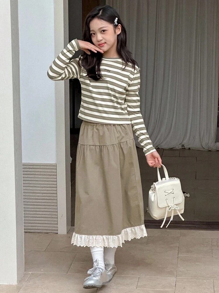 2pcs Tween Girls Crew Neck Knit Printed T-Shirt + Skirt Set, Fall Outfit