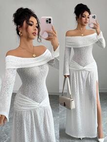 Gloray Vestido de vacaciones minimalista francés con hombros descubiertos y tela texturizada - Blanco - Ver 3