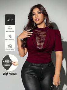 Viva Relle Valentine Women's Elegant V-Neck Lace-Trimmed Halter Neck Design, Red Plus Size Short-Sleeved Top, Perfect For Parties, Christmas, And New Year's. - Burgundy - View 1