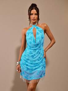 SHEIN BAE Váy ngắn thêu sequin hở lưng cổ xếp màu xanh lam, váy ngắn sequin tua rua, váy mùa hè đi biển - Màu xanh lam - Xem 5