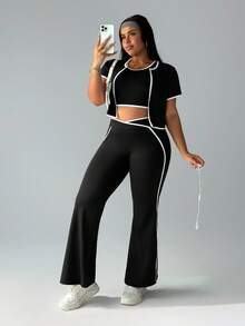 Rhythm Era Conjunto deportivo de talla grande para mujer con cárdigan de manga corta con ribete, top corto y pantalones acampanados