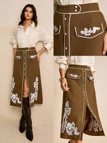 Poéselle Women's Elegant Commuter  Skirt With Embroidered Buttons  Button-Front And Contrast Piping Brown Skirt Graphic Skirt Western Skirts Brown Long Skirt - Brown - View 1