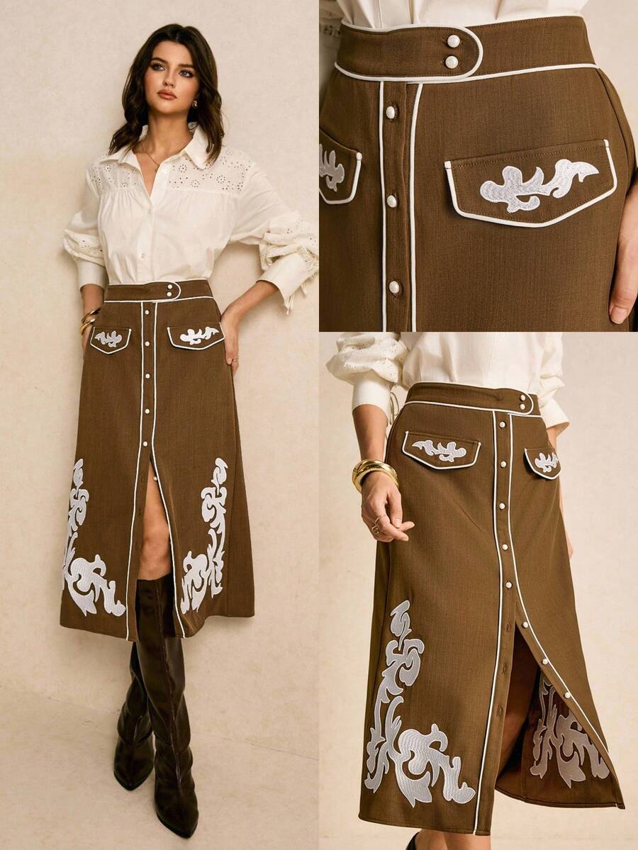 Poéselle Women's Elegant Commuter Skirt With Embroidered Buttons Button-Front And Contrast Piping Brown Skirt Graphic Skirt Western Skirts Brown Long Skirt - Brown - View 1