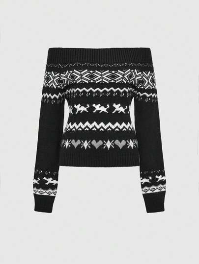 Suéter de cuello caído con estampado vintage Fair Isle, Navidad