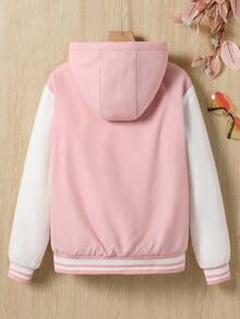 Tween Girl Solid Color Zip-Up Jacket With Thermal Lining And Embroidered Decor, Comfortable And Versatile Autumn/Winter Outerwear - Pink - View 2