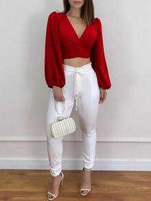 Xyvia Damen Lässig einfarbiges Wickel-Ausschnitt Laternärmel Wickel-Rücken Kurz-Top, Frühling/Herbst - Bordeaux - Übersicht 3