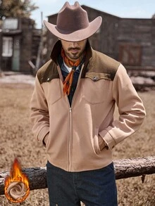 Manfinity Nomadique Men's Contrast Color Zipper Collar Casual Jacket Men Brown Jacket Men Zip-Up Jacket Men Brown And Tan Jacket Western Jacket , Fall Winter - Khaki - View 5