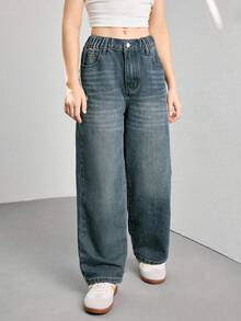 بنطلون جينز فضفاض عتيق بساق واسعة للفتيات المراهقات StreetCool، بنطلون جينز مستقيم الساق عادي - ازرق مخضر - مشاهدة 6