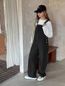 DAZY Teen Girl Loose Casual Straight Leg Denim Jumpsuit With Side Button Design Fall/Winter