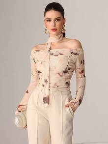 Modelyn Autumn Knitted Sexy Sheer Mesh Ribbon Print T-Shirt