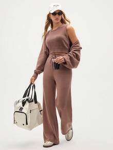 Eassivo Eassivo 3件套宽松长袖外套+圆领背心+系带裤针织套装 - 棕色 - 查看 6