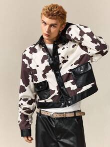 ROMWE MEN Street Life Men Boxy Loose Cow Print Short Jacket, Fall - Brown - View 6