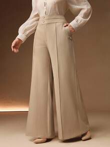 Anewsta Quần ống loe dài màu kaki cạp cao hai lớp thanh lịch, có túi thắt lưng dành cho nữ, Xuân/Thu - Màu Khaki - Xem 7