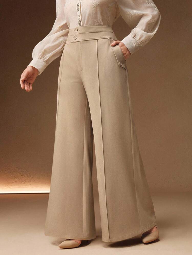 Elegant High-Waisted Double-Layer Waist Belt Pocket Khaki Women's Long Flared Pants, Spring/Autumn