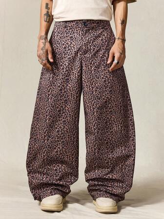Street Life Men's Leopard Print Loose Baggy Cropped Wide Leg Pants, For Fall