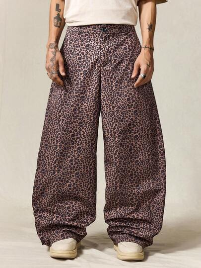 Street Life Men's Leopard Print Loose Baggy Cropped Wide Leg Pants, For Fall
