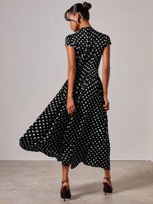 COSMINA 女式休闲波尔卡圆点印花A字连衣裙，夏季 - 黑色 - 查看 2
