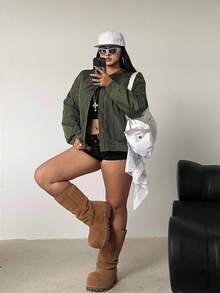 POPSWAY Abrigo acolchado de talla grande, verde militar, estilo casual de calle - Verde militar - Ver 5