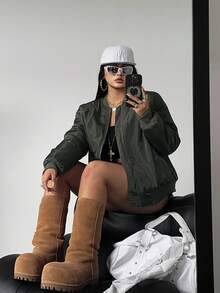 POPSWAY Abrigo acolchado de talla grande, verde militar, estilo casual de calle - Verde militar - Ver 6