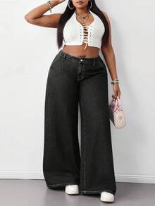 SHEIN Tall CURVE Quần jean ống rộng cạp thấp ống rộng lưng thấp dễ thương phong cách thập niên 2000 dễ thương trở lại trường học trở về nhà Y2k sân bay giản dị tiền cũ thường ngày giặt sạch - màu đen - Xem 7