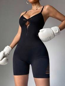 SHEIN Sports Summer Fashion Solid Color Backless Camisole Slim Fit Romper - Black - View 1