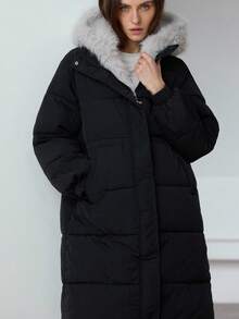 Aveloria New Fashionable Casual Chic Minimalist High-End Zipper Detachable Fur Collar Hooded Padded Padded Coat - Black - View 4