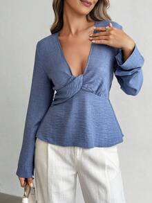 SHEIN Clasi Blusa de mujer de unicolor con cuello en V profundo, manga larga y bajo con volantes, de moda y sexy - Azul - Ver 3