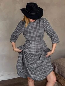 Vivie Lora Women's Elegant Plaid Round Neck Pleated Mid-Length Dress, Suitable For Commuting Dress - Grey - View 4
