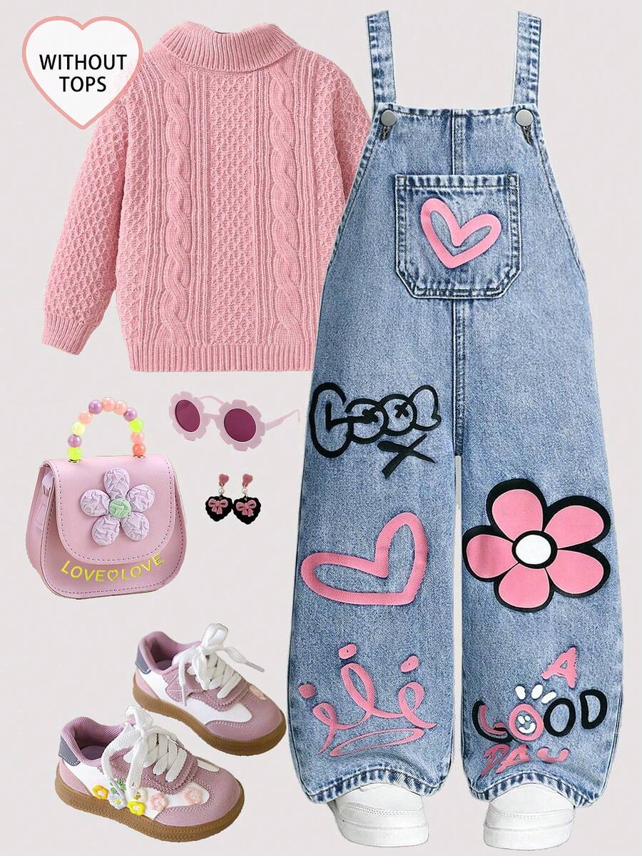 SHEIN ChillGRL Toddler Girl Overalls Girls Floral, Heart, Rainbow Graffiti Print Casual Comfortable Soft Denim Jumpsuit Kids Denim Overalls Toddler Overalls  Girls Overalls Girls Jeans Overalls Girls Jean Overalls Kid Overalls Girls Y2k Halloween Christmas Fall/Winter Holiday Cotton  Vacation White Old Money Childrens Jeans Overall Girls Overall Jumpsuit Girls Denim Overalls - Medium Wash - View 1