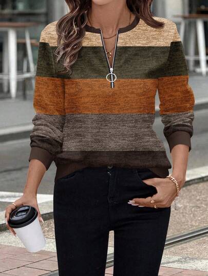 EMERY ROSE 女式圆领运动衫，正面撞色半拉链，棕色，秋冬款