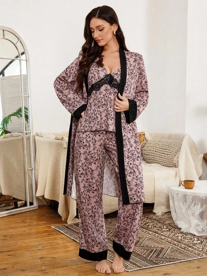 SHEIN CottageSlumber 三件套碎花撞色滚边提花长袖睡袍，吊带上衣和裤子睡衣套装，女士秋冬服装