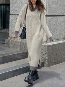 FRIFUL 女式落肩长袖V领宽松休闲直筒长款毛衣连衣裙 - 彩色 - 查看 7