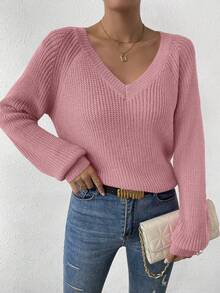 SHEIN LUNE Women's Casual Everyday Commute Simple Solid V-Neck Raglan Sleeve Ribbed Knit Pullover Sweater, Autumn/Winter - Pink - View 6