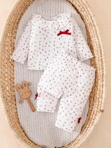 SHEIN Neugeborenen Soft & Komfortabel Rundhals Schleife Dekor Langarm Oberteil und Hose Set, Herbst/Winter