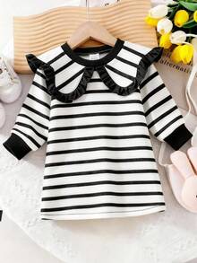 SHEIN Baby Girl Khaki & Beige Striped Long Sleeve Dress With Big Lapel Collar, Cute Peter Pan Collar Casual Everyday Dress For Autumn/Winter - Black - View 7