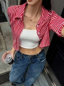 SHEIN Unity 女式条纹长袖单排扣休闲/工作衬衫 - 紅色 - 查看 7