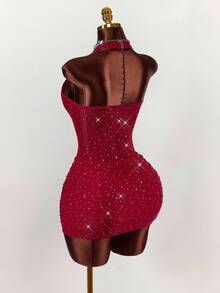 Amplova 露背无袖水钻装饰束腰透视迷你派对连衣裙 - 櫻桃紅 - 查看 6