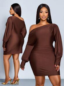 SOLERSUN Plus Size Women's Chocolate Brown Autumn Elegant Night Out Club Satin Asymmetrical Oblique Shoulder Pleated Puff Sleeve Tight Hip Short Dress - Brown - View 1