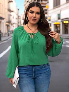 SHEIN LUNE Plus Size Women's Solid Color Tie Collar Lantern Sleeve Casual Blouse - Green - View 4