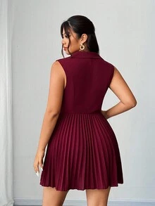 SHEIN Elenzya Plus Size Women's Elegant Refined Casual Business Blazer Collar Cinched Waist Sleeveless Pleated Mini Dress, Spring/Autumn - Burgundy - View 3
