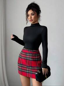 SHEIN Elenzya Bộ 2 áo phông kẻ caro dự tiệc phong cách retro thanh lịch và chân váy kẻ caro cho nữ - Nhiều màu - Xem 3