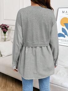 SHEIN 孕妇休闲通勤拼布条纹二合一运动衫，春秋季 - 灰色 - 查看 2