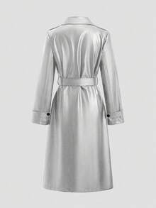 Sweetra Long PU Leather Double-Breasted Belted Long Sleeve Trench Coat - Silver - View 2
