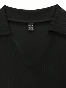 SHEIN LUNE 女式纯色V领罗纹长袖休闲T恤 - 彩色 - 查看 4